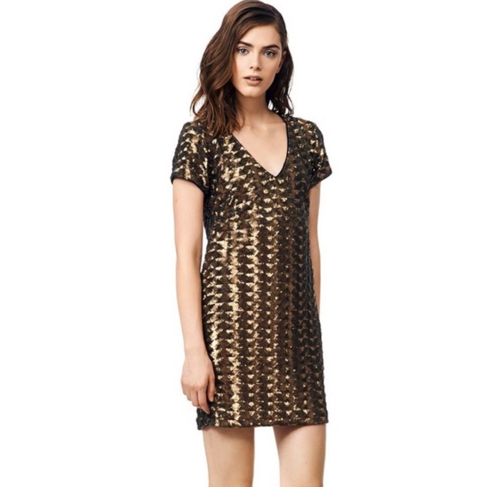 Hunter Bell Gold Black Geometric Sequin V Neck Sheath Mini Dress Size 8